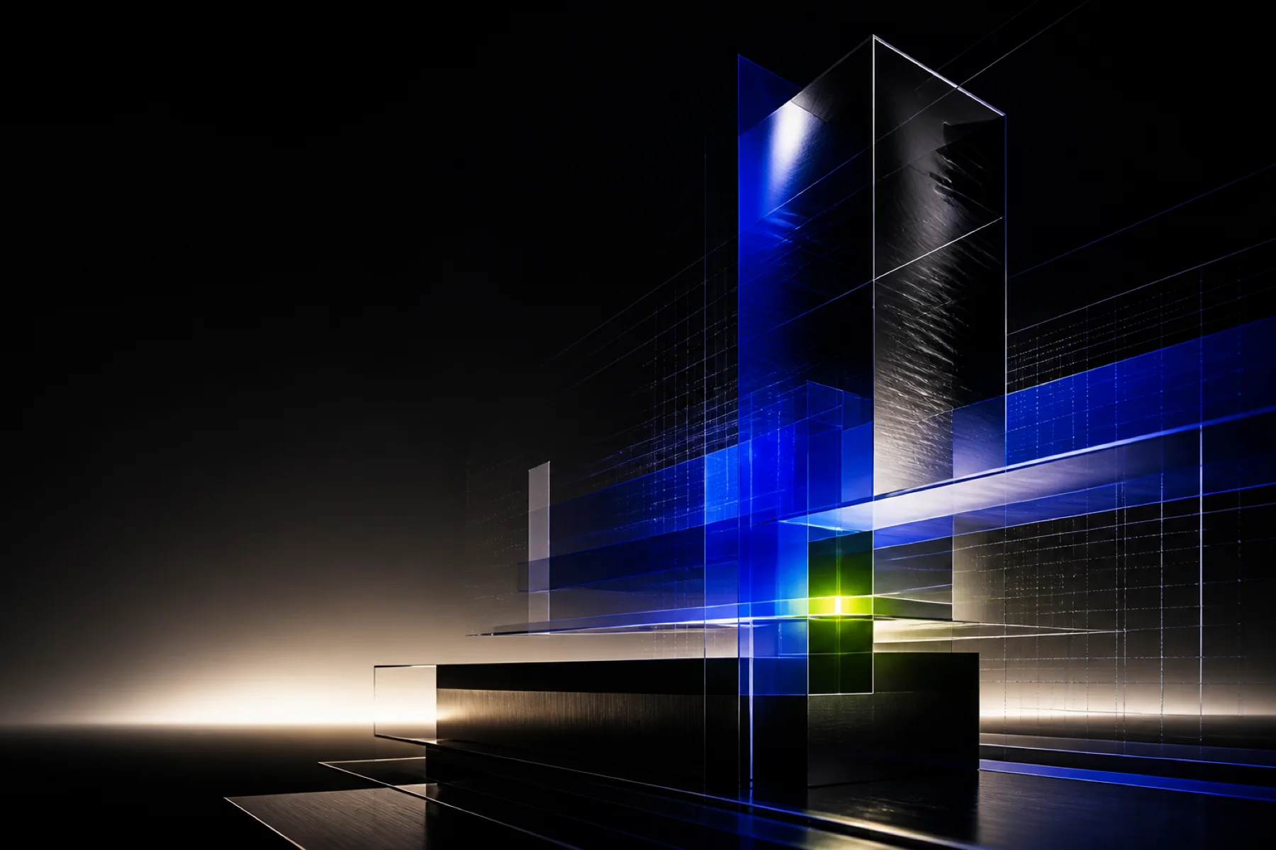 Abstract glass architecture illuminated by electric blue light